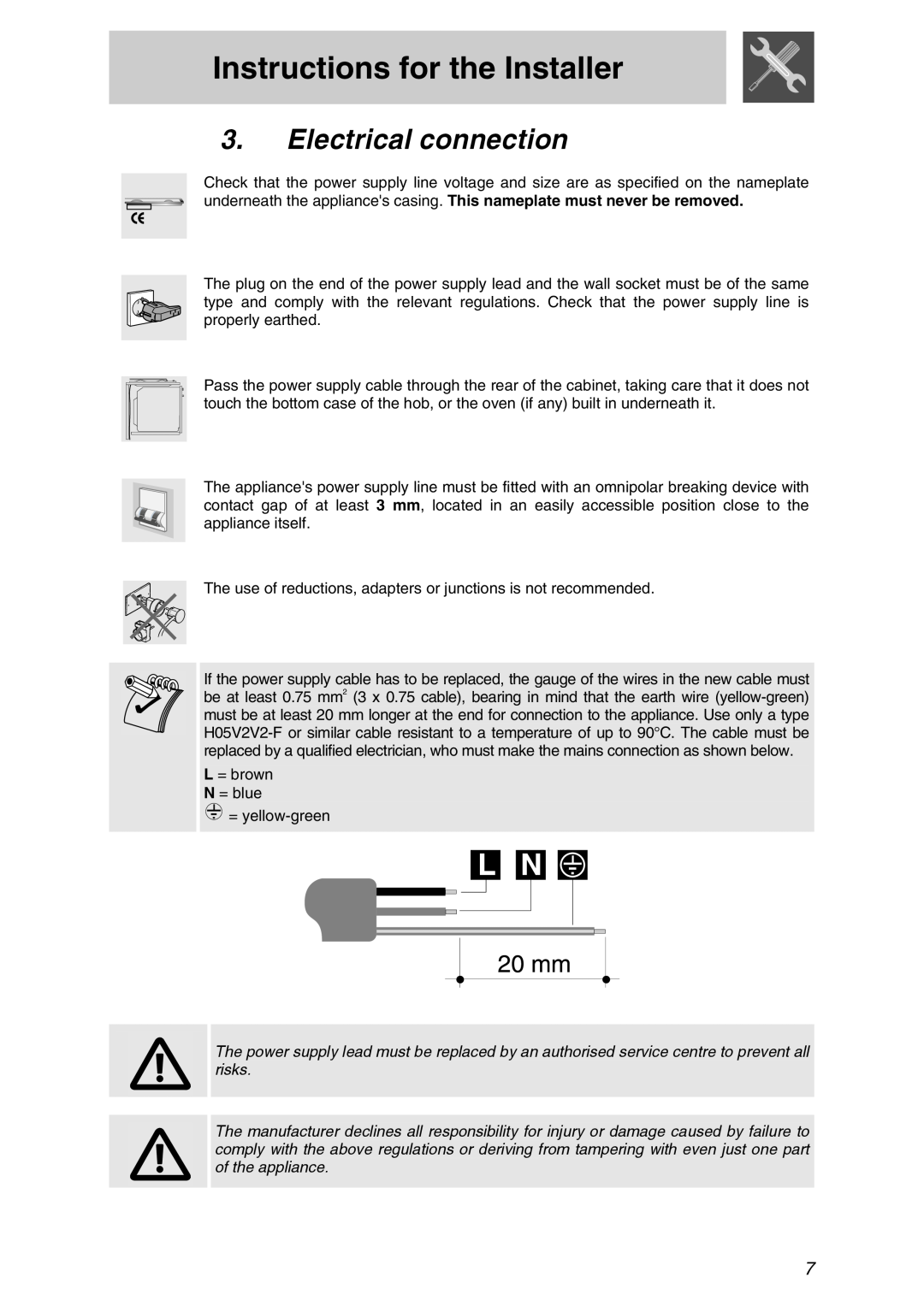 Smeg PTSA727X manual Electrical connection, Instructions for the Installer 
