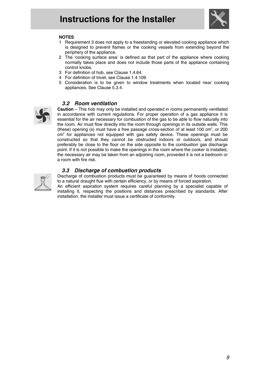 Smeg PTSA727X manual Room ventilation, Discharge of combustion products, Instructions for the Installer 