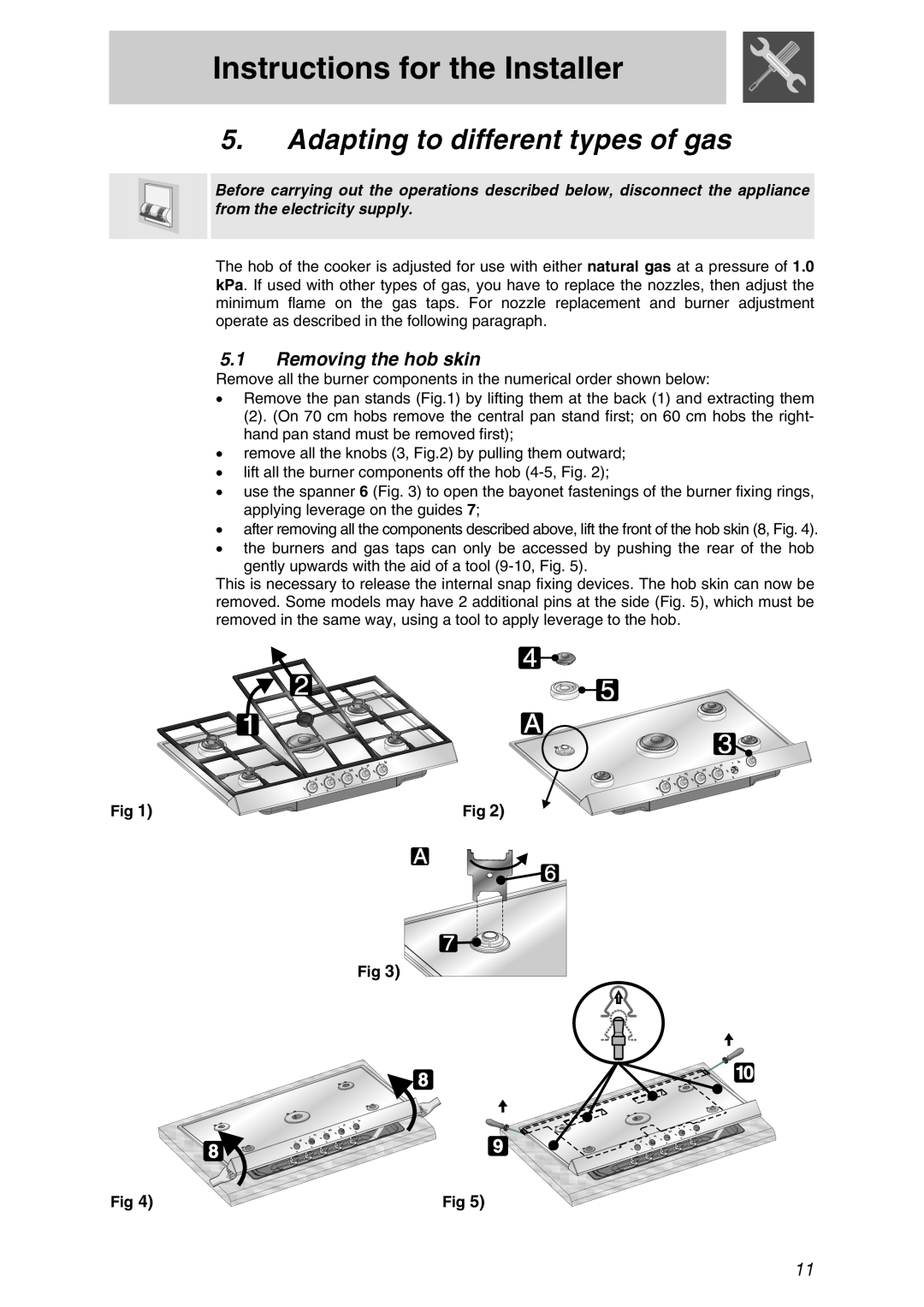 Smeg PTSA727X manual Adapting to different types of gas, Removing the hob skin, Instructions for the Installer 