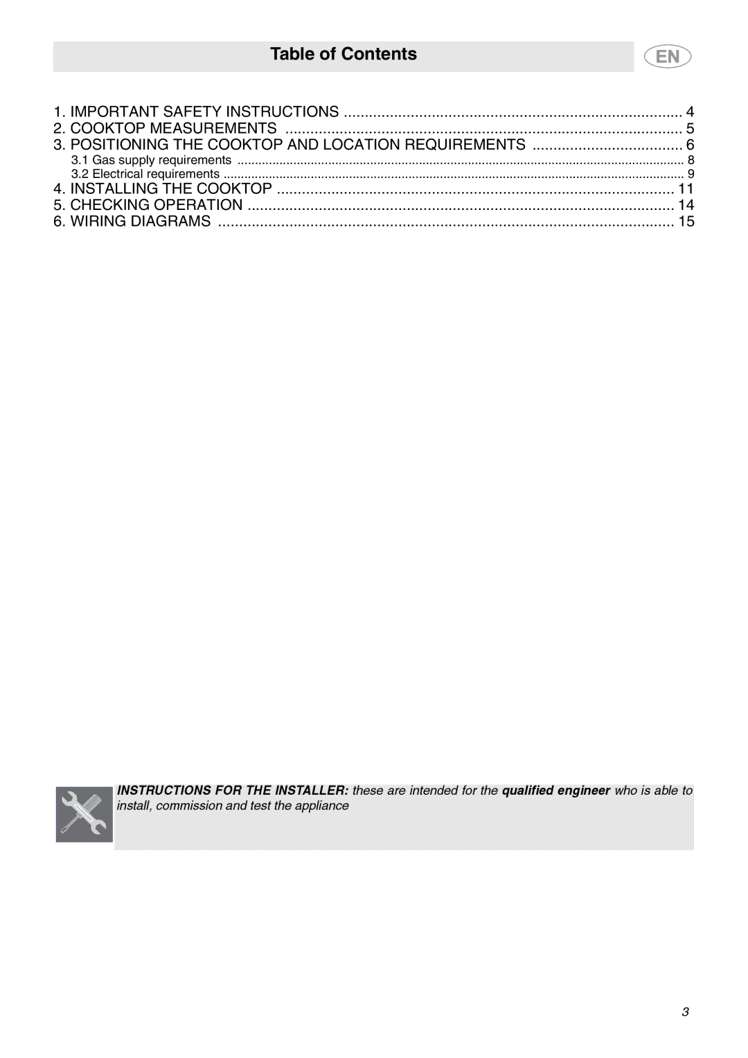 Smeg PU64, PU75, PU106 Gas important safety instructions Table of Contents 