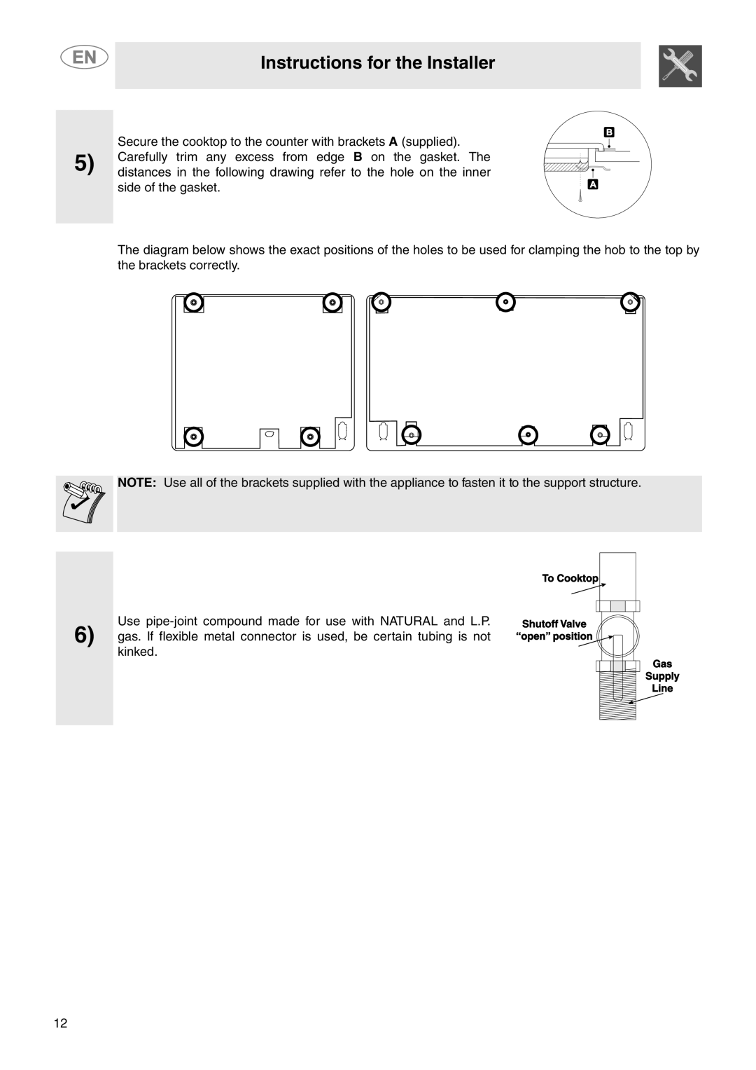 Smeg PU64, PU75, PU106 Gas important safety instructions Instructions for the Installer 