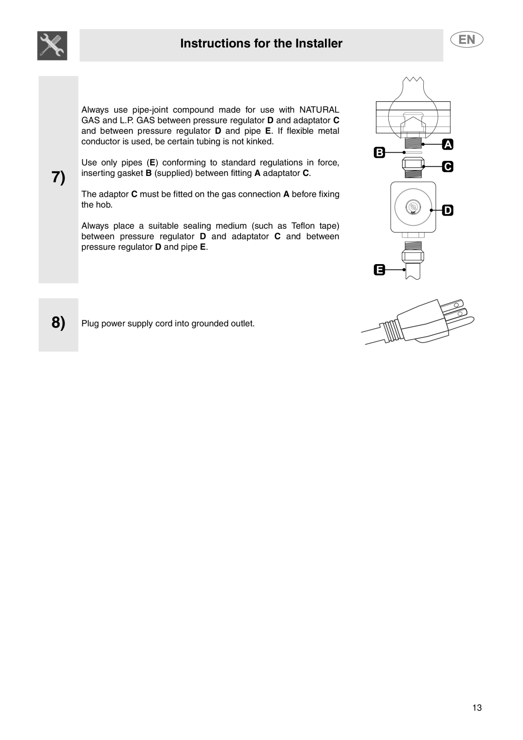 Smeg PU106 Gas, PU75, PU64 important safety instructions Instructions for the Installer 