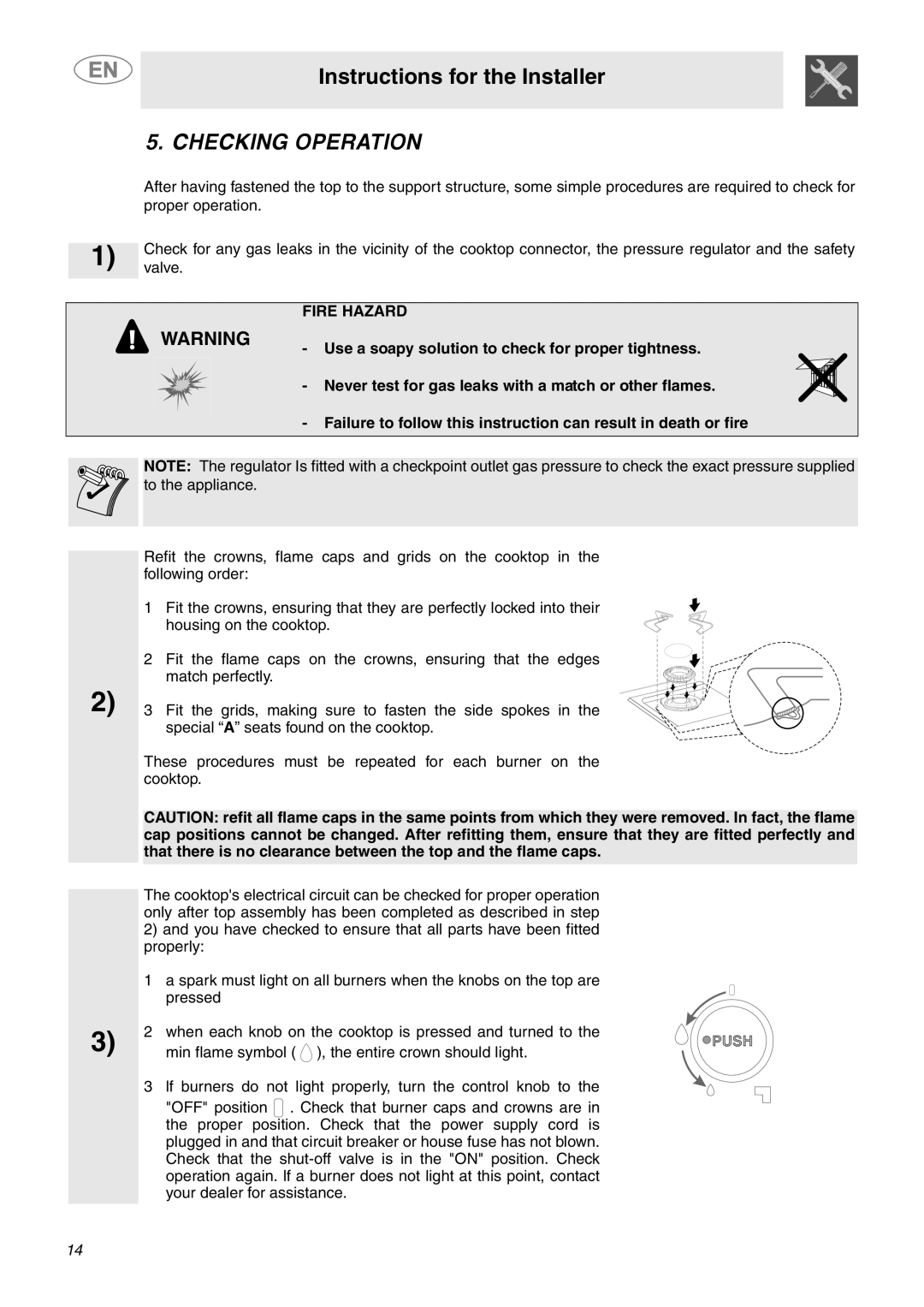 Smeg PU75, PU64, PU106 Gas important safety instructions Checking Operation, Fire Hazard 