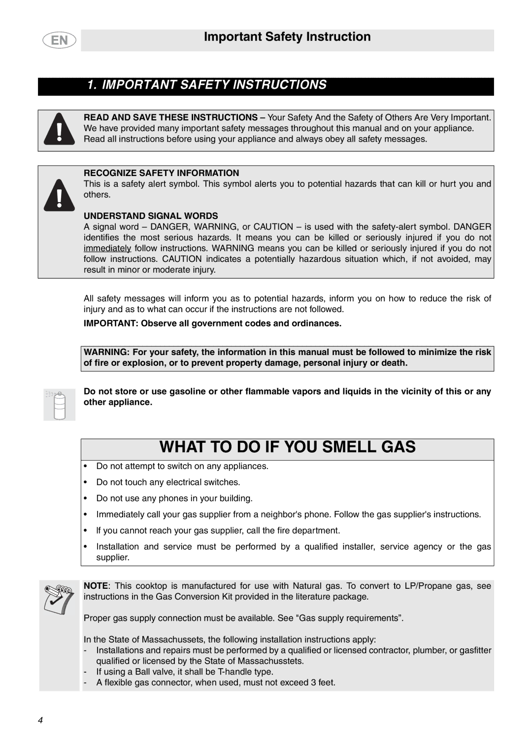 Smeg PU106 Gas, PU75, PU64 important safety instructions Recognize Safety Information, Understand Signal Words 