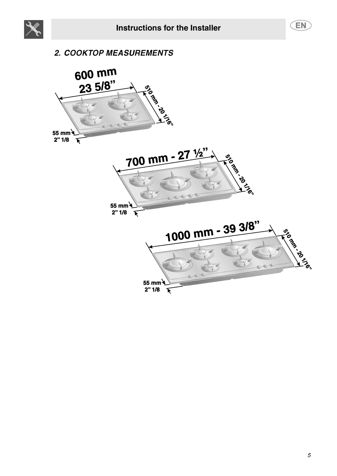 Smeg PU75, PU64, PU106 Gas important safety instructions Cooktop Measurements 