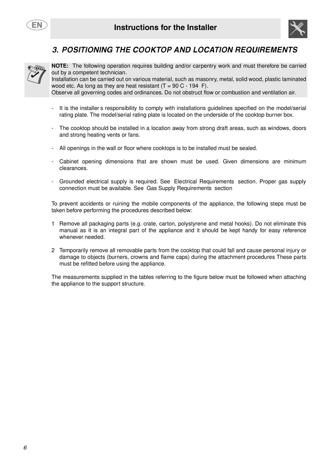 Smeg PU64, PU75, PU106 Gas important safety instructions Positioning the Cooktop and Location Requirements 