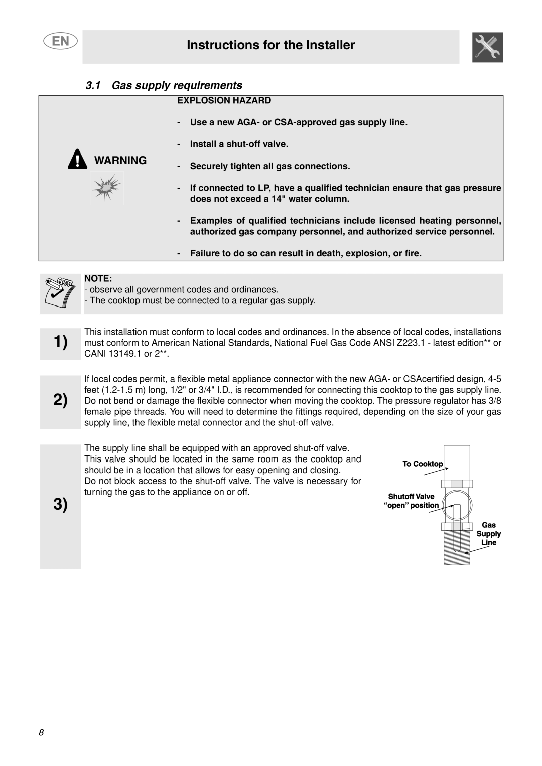 Smeg PU75, PU64, PU106 Gas important safety instructions Gas supply requirements, Explosion Hazard 