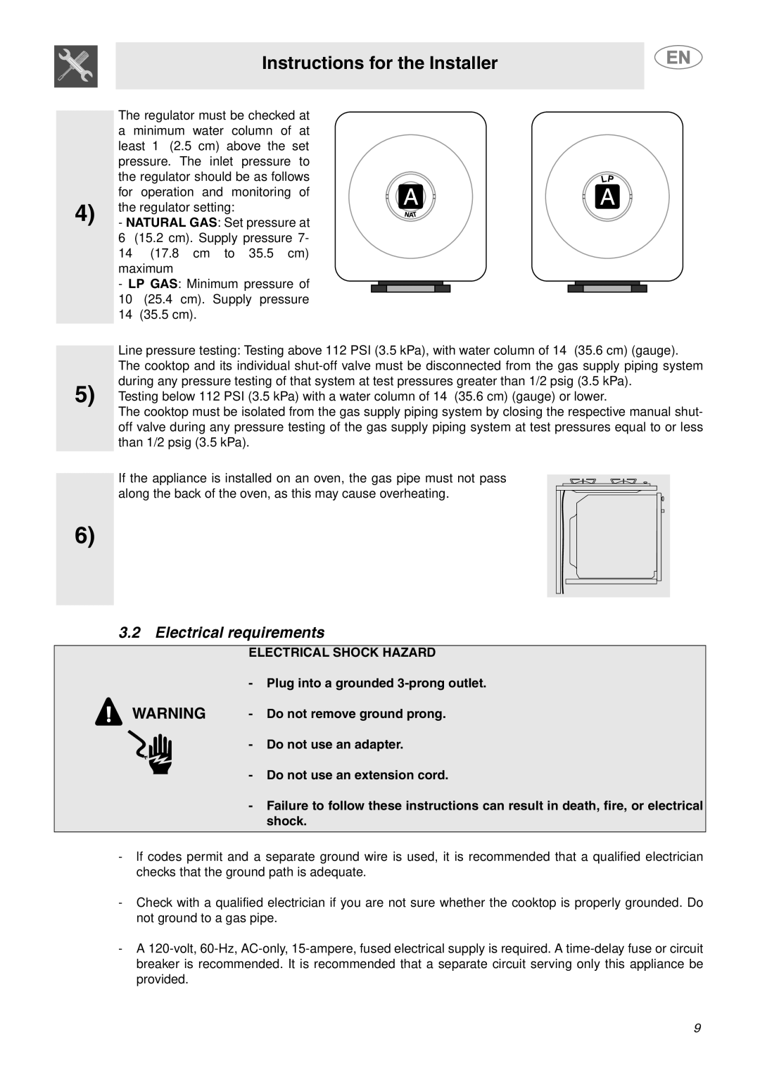 Smeg PU64, PU75, PU106 Gas important safety instructions Electrical requirements, Electrical Shock Hazard 