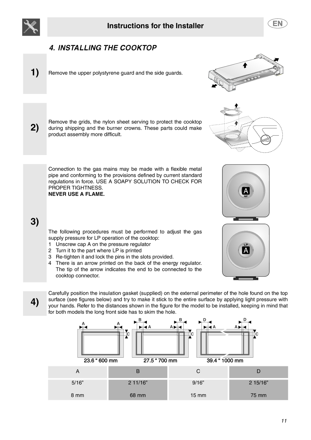 Smeg PU75, PU64, PU106 Gas important safety instructions Installing the Cooktop, Never USE a Flame 