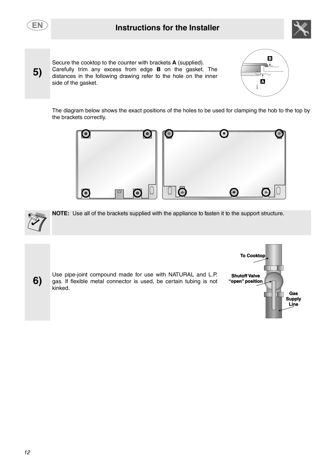 Smeg PU64, PU75, PU106 Gas important safety instructions Instructions for the Installer 