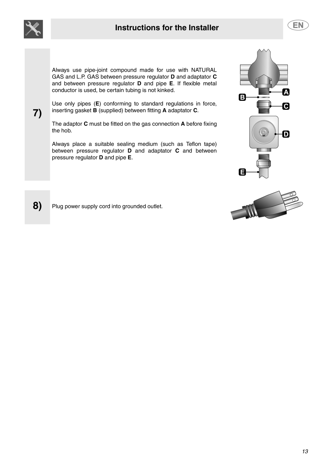 Smeg PU106 Gas, PU75, PU64 Instructions for the Installer, Plug power supply cord into grounded outlet 