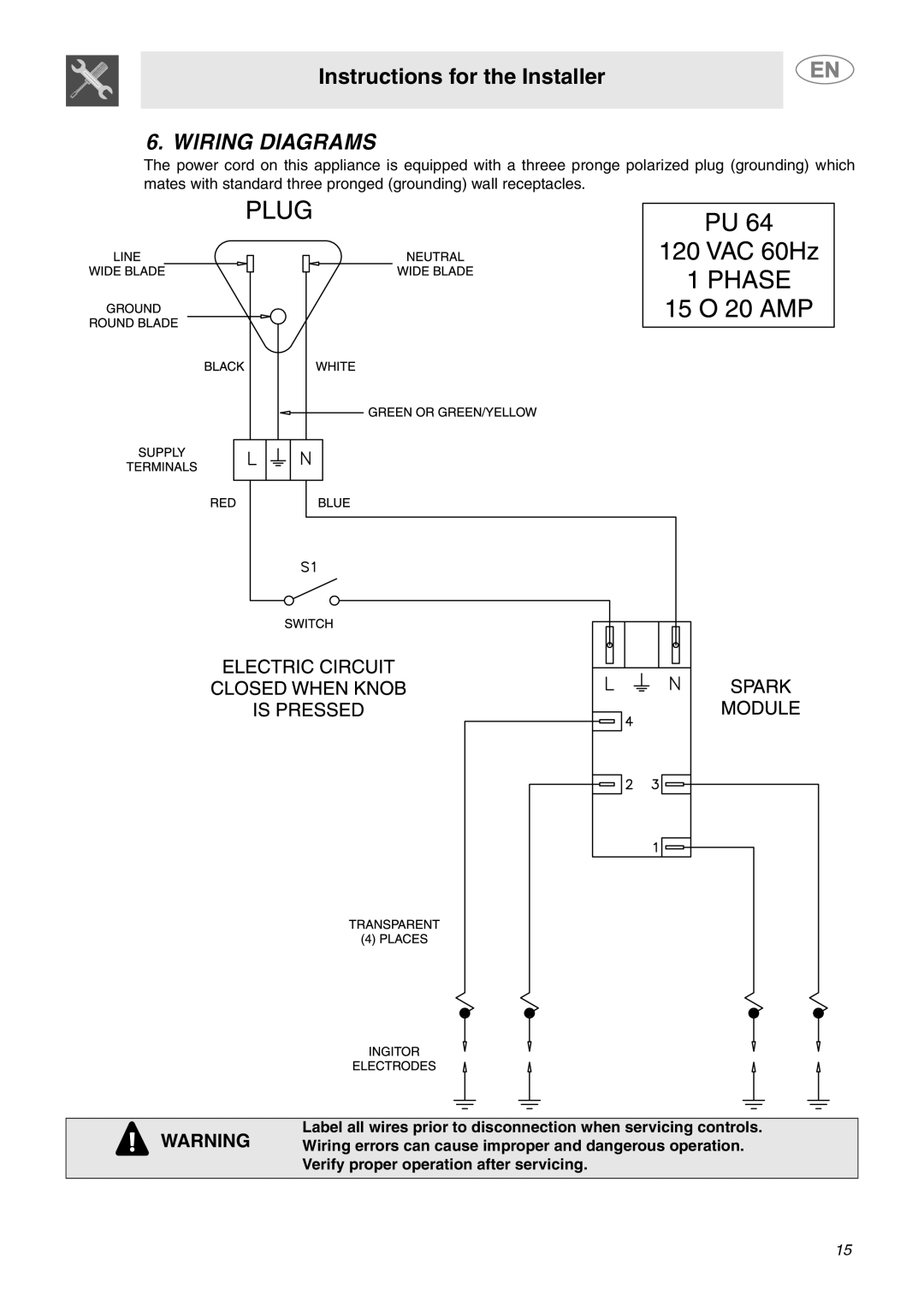 Smeg PU64 Wiring Diagrams, Label all wires prior to disconnection when servicing controls, Instructions for the Installer 