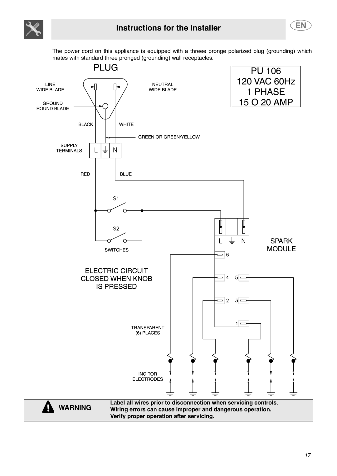 Smeg PU75, PU64, PU106 Gas Instructions for the Installer, Label all wires prior to disconnection when servicing controls 