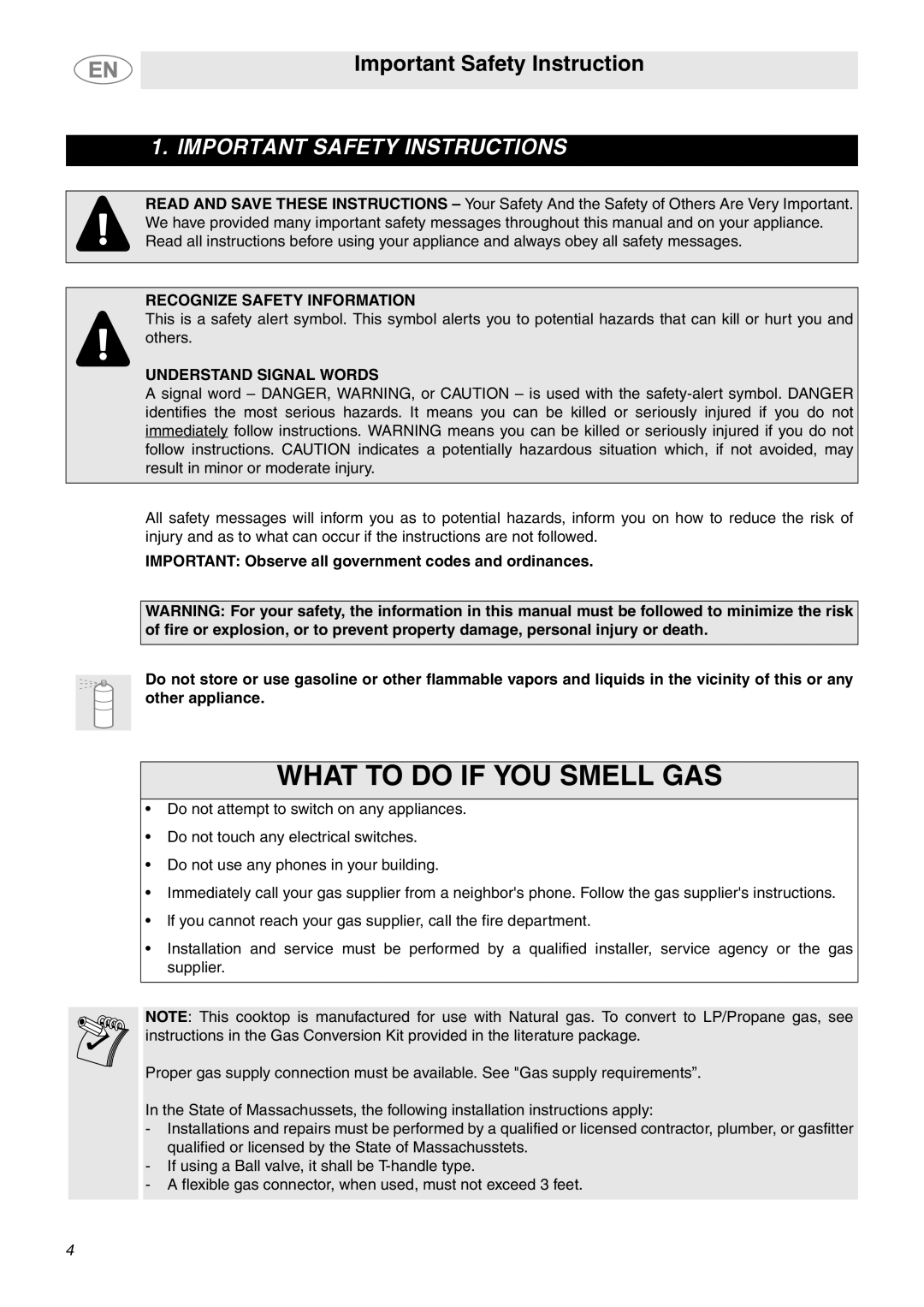 Smeg PU106 Gas, PU75, PU64 Important Safety Instruction, Recognize Safety Information, Understand Signal Words 