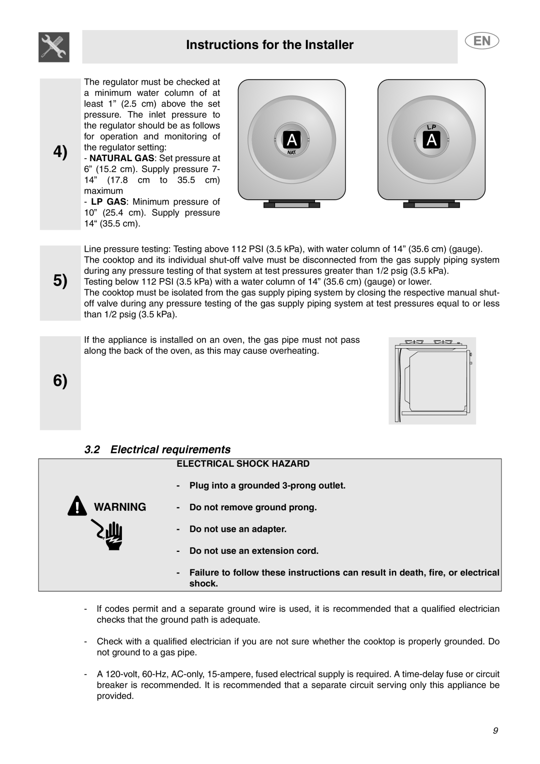 Smeg PU64 Electrical requirements, Electrical Shock Hazard, Plug into a grounded 3-prong outlet, Do not use an adapter 
