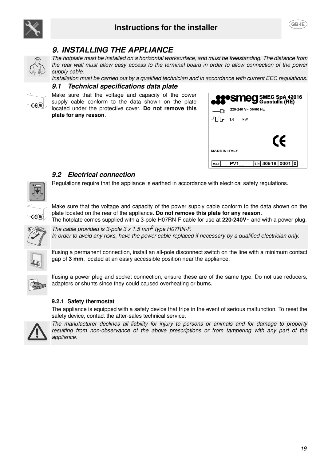 Smeg PV1SL, PV1SM, PV1SR manual Installing the Appliance, Technical specifications data plate, Electrical connection 