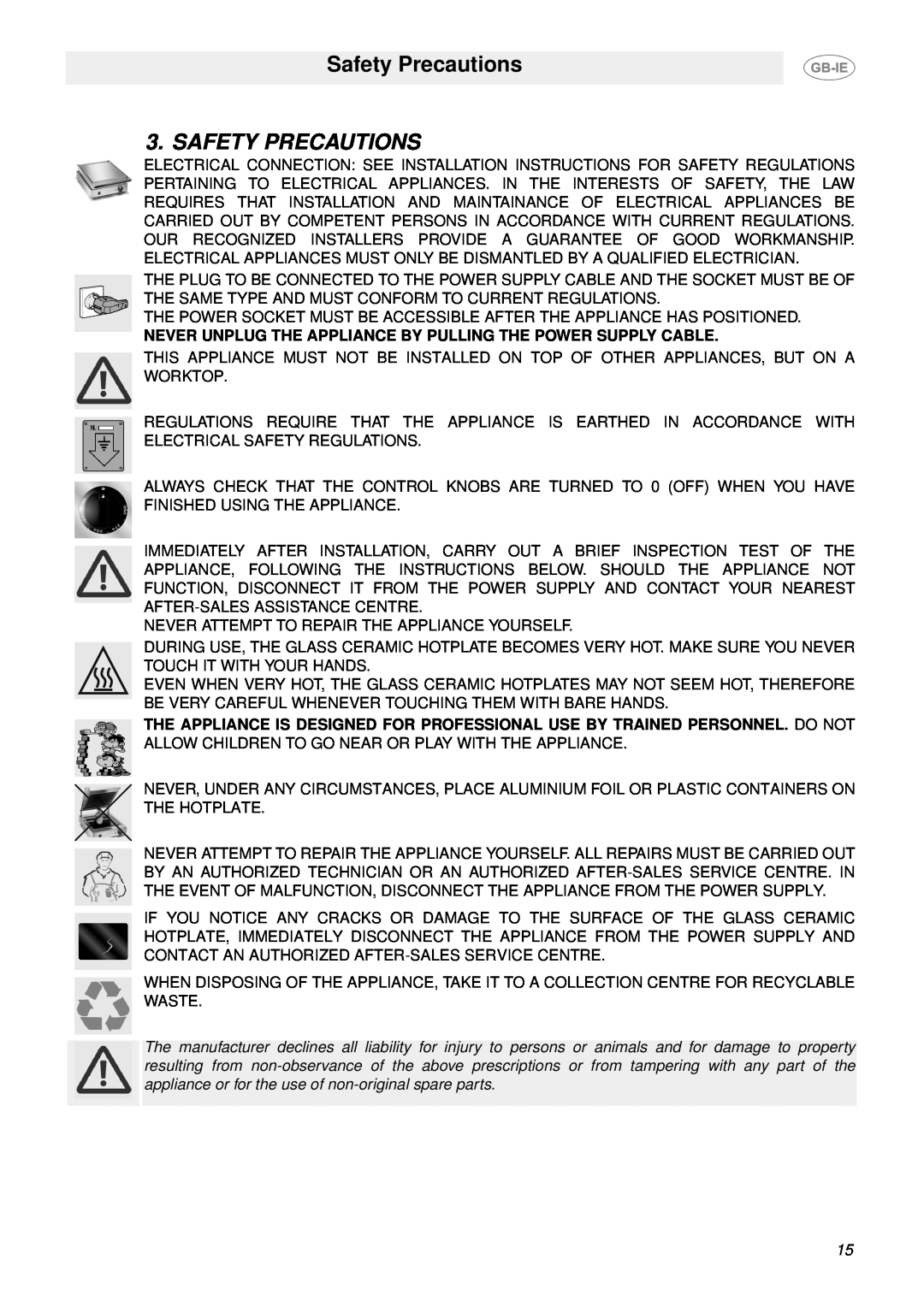 Smeg PV1SR, PV1SM, PV1SL manual Safety Precautions 