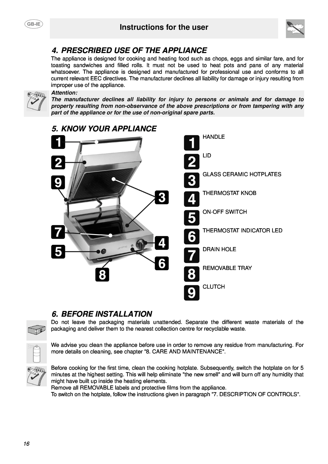 Smeg PV1SL, PV1SM Instructions for the user, Prescribed Use Of The Appliance, Know Your Appliance, Before Installation 