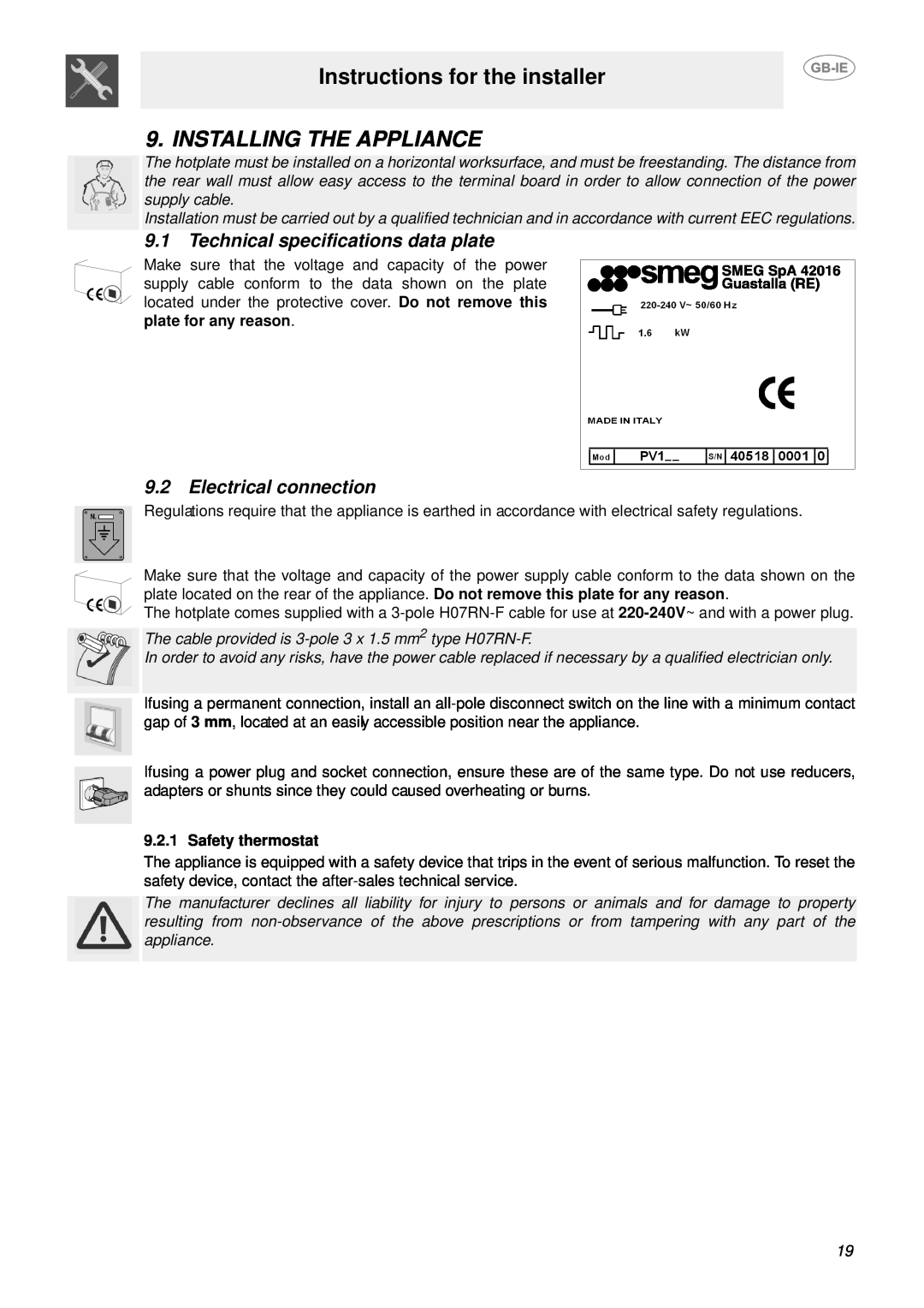 Smeg PV1SL, PV1SM, PV1SR manual Instructions for the installer, Installing The Appliance, Technical specifications data plate 