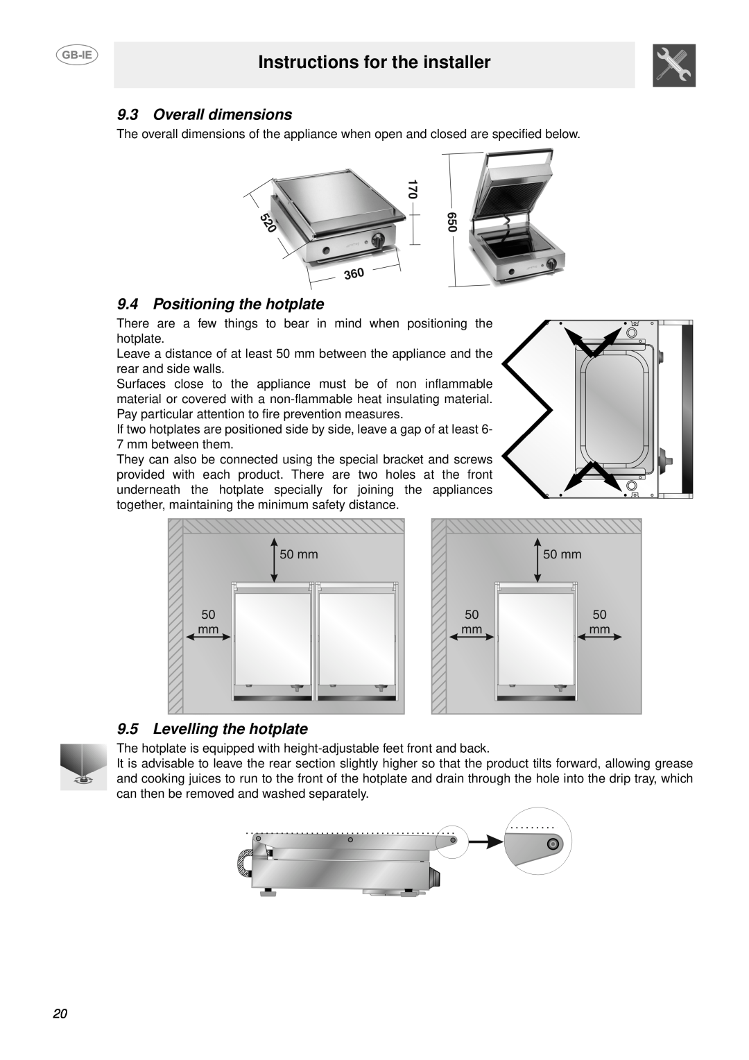 Smeg PV1SM, PV1SR Overall dimensions, Positioning the hotplate, Levelling the hotplate, Instructions for the installer 