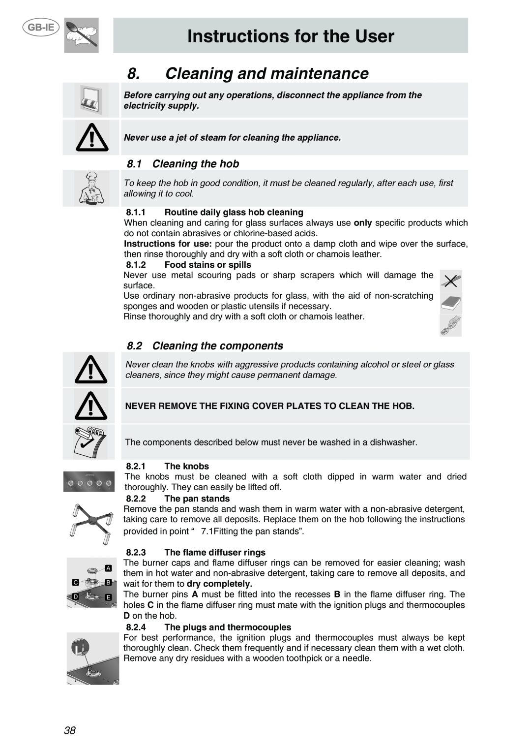 Smeg PVA750 Cleaning and maintenance, Instructions for the User, Cleaning the hob, Cleaning the components, 8.2.1The knobs 