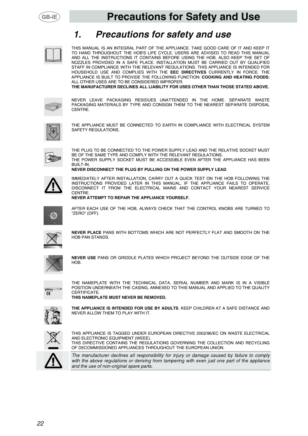Smeg PVA750BE, PVA750NL, PVA750D manual Precautions for Safety and Use, Precautions for safety and use 