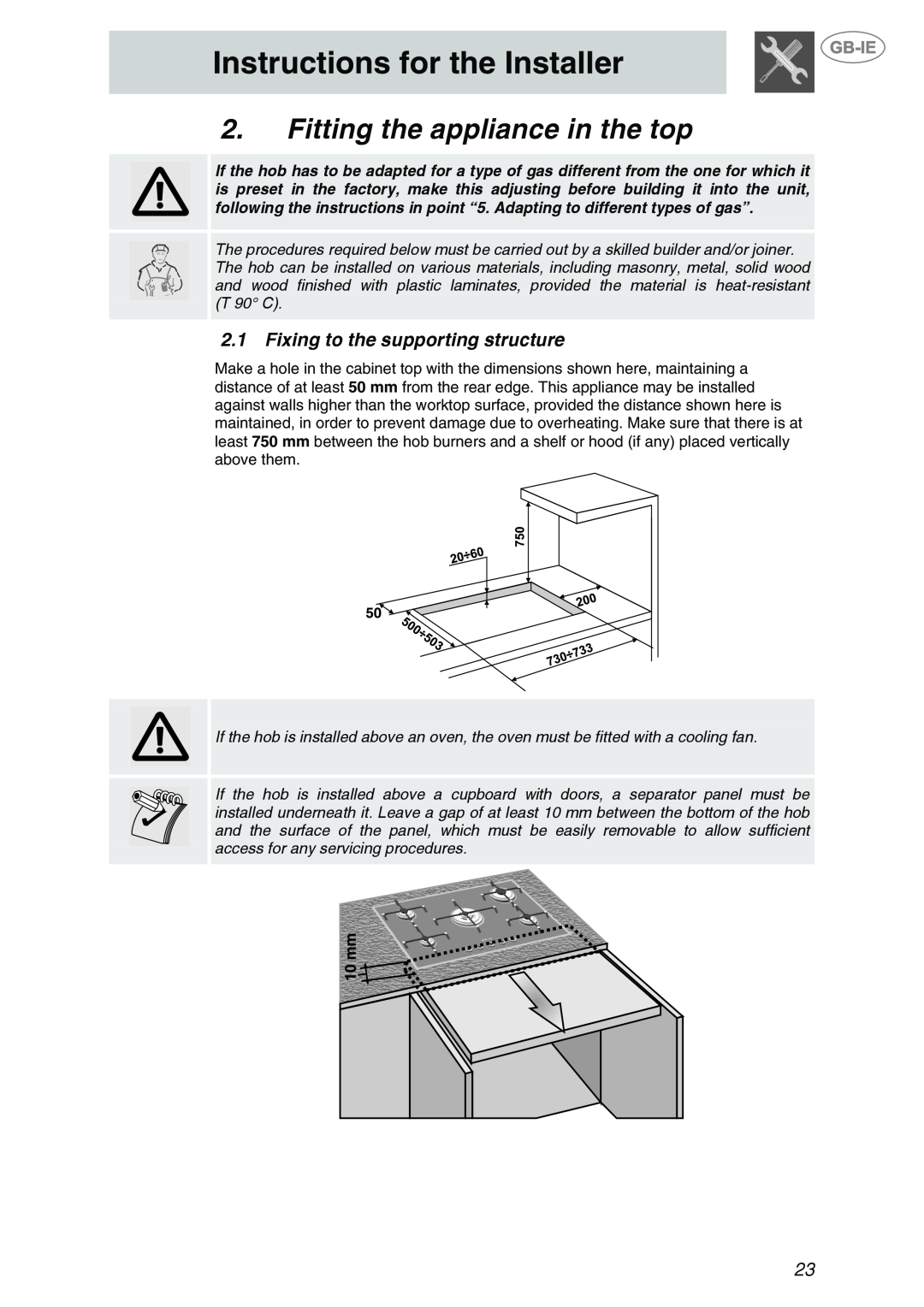 Smeg PVA750D manual Instructions for the Installer, Fitting the appliance in the top, Fixing to the supporting structure 