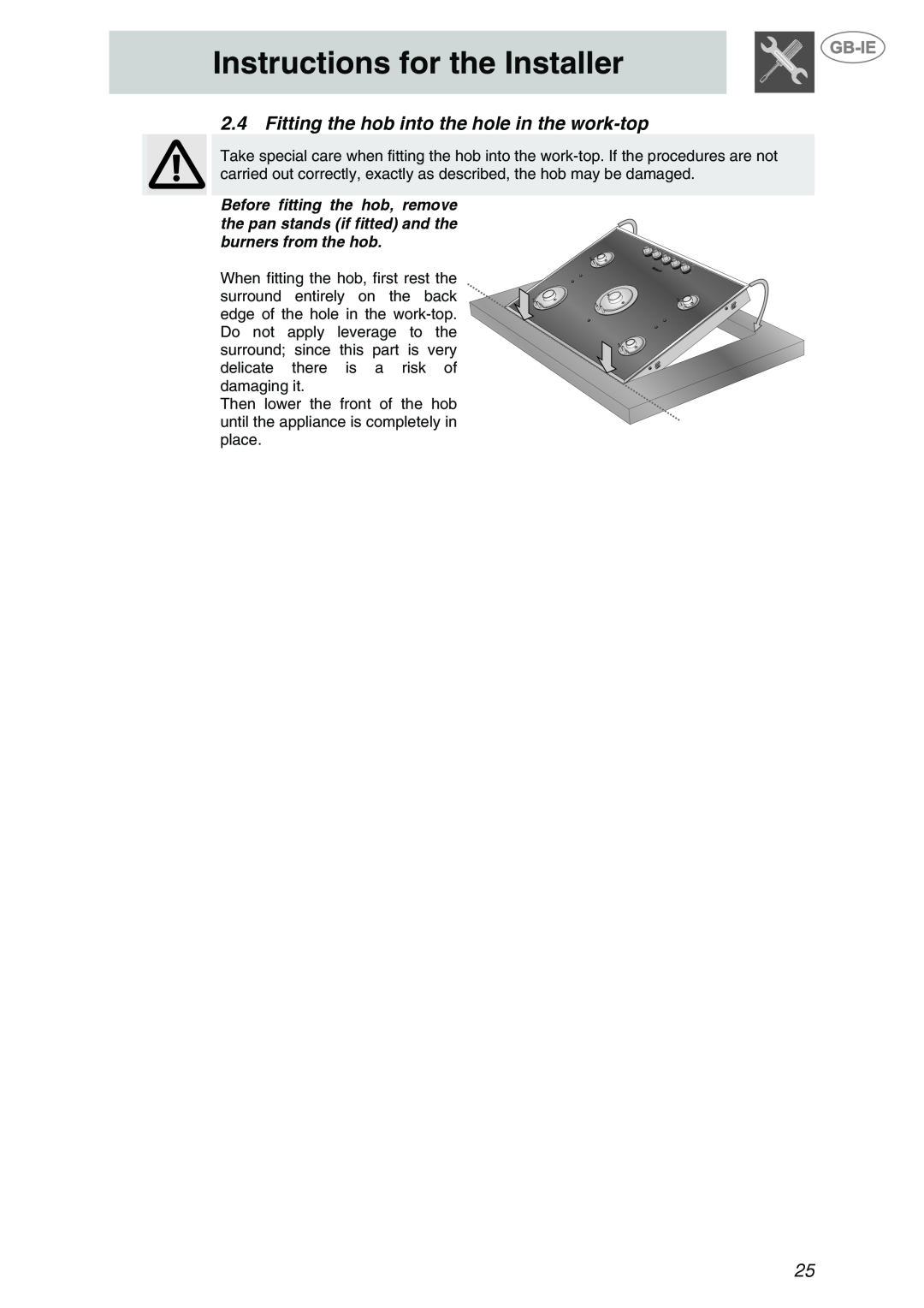 Smeg PVA750NL, PVA750BE, PVA750D manual Instructions for the Installer, Fitting the hob into the hole in the work-top 