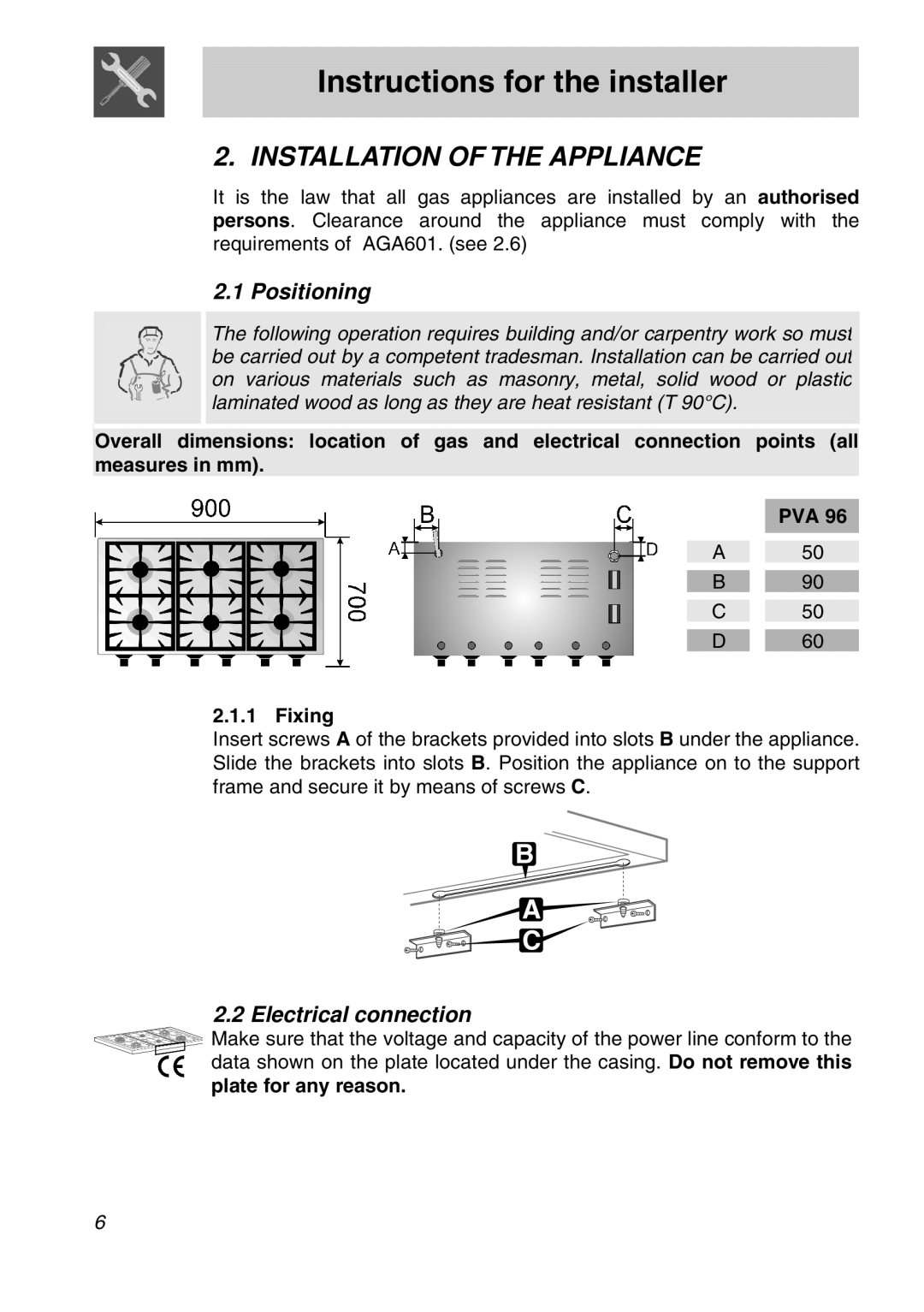 Smeg PVA96 manual Instructions for the installer, Installation of the Appliance, Positioning, Electrical connection 