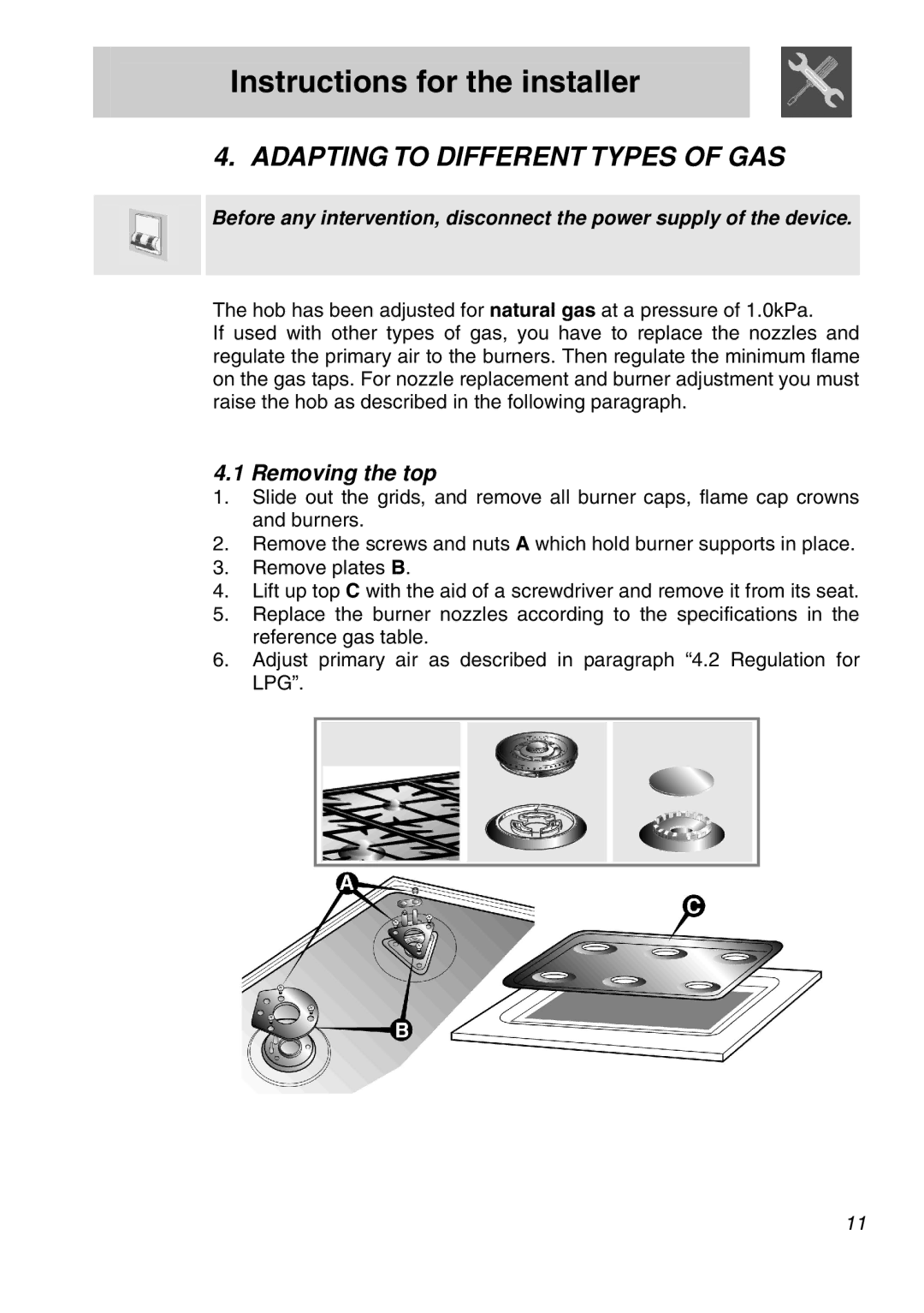 Smeg PVA96 manual Adapting to Different Types of GAS, Removing the top 