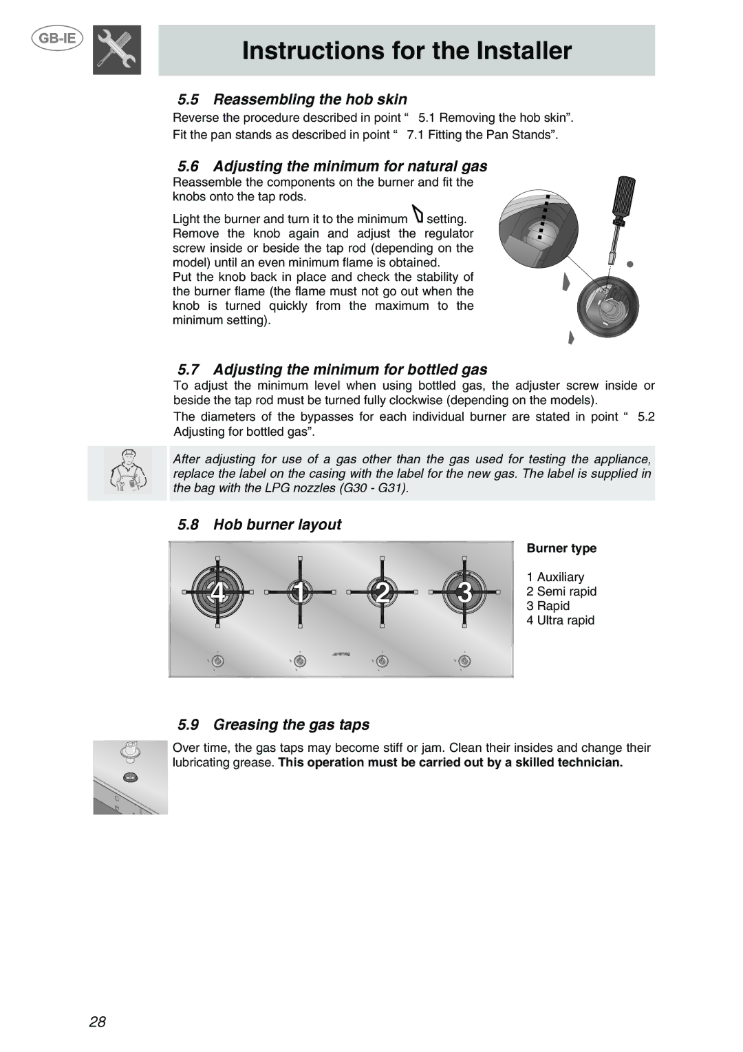 Smeg PX140D manual Reassembling the hob skin, Adjusting the minimum for natural gas, Adjusting the minimum for bottled gas 