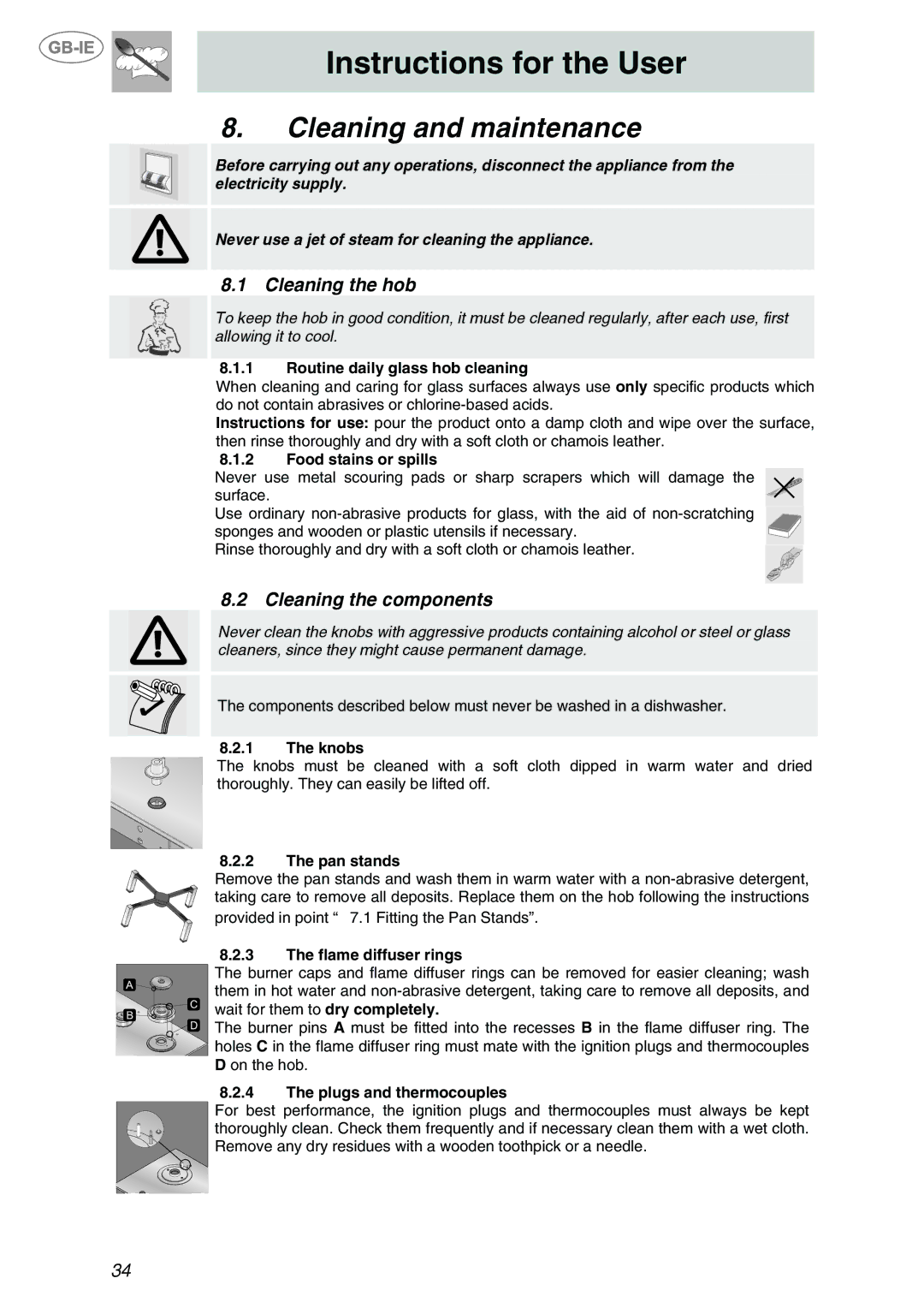 Smeg PX140NL, PX140BE, PX140D manual Cleaning and maintenance, Cleaning the hob, Cleaning the components 