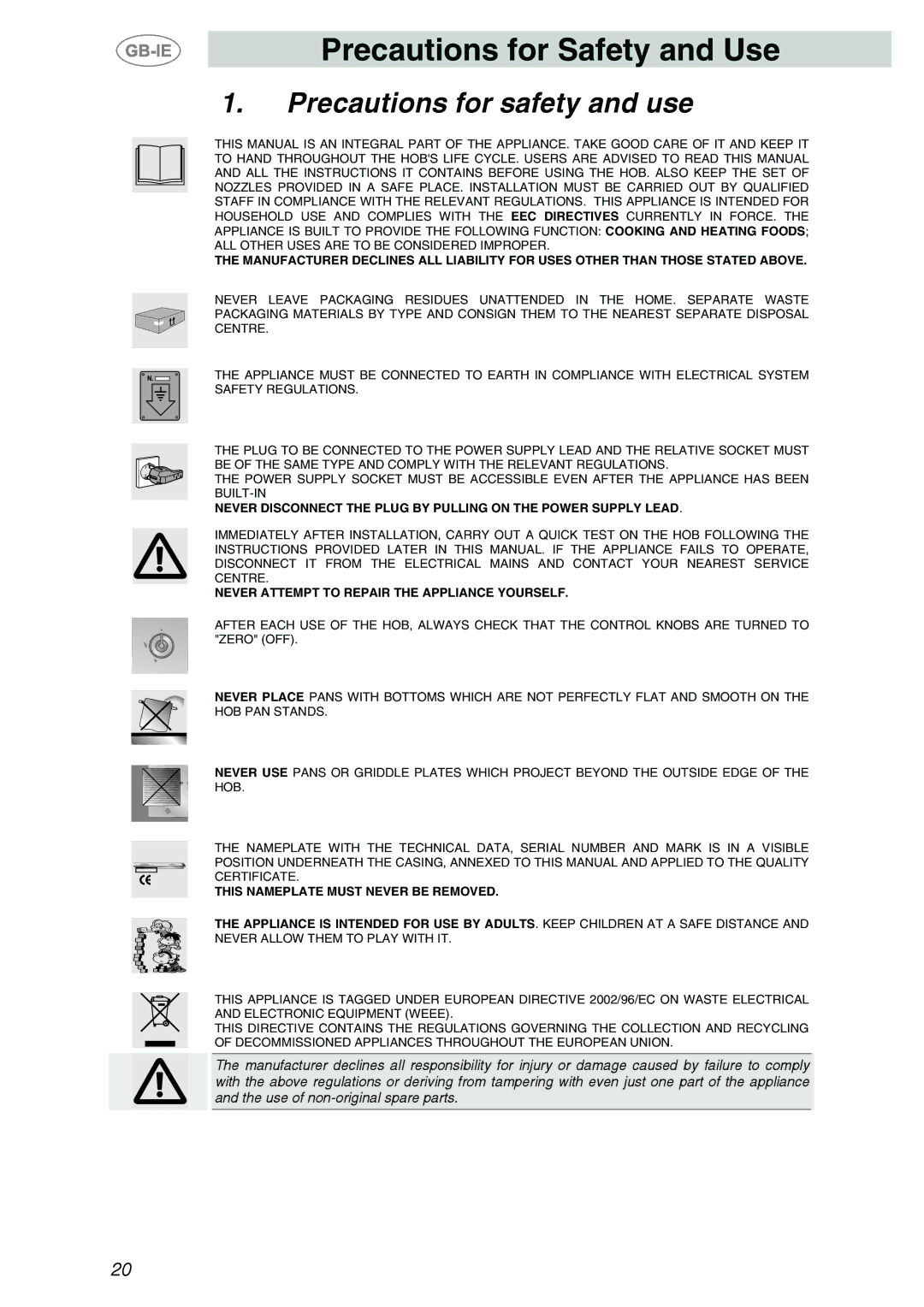 Smeg PX140D, PX140NL, PX140BE manual Precautions for Safety and Use, Precautions for safety and use 