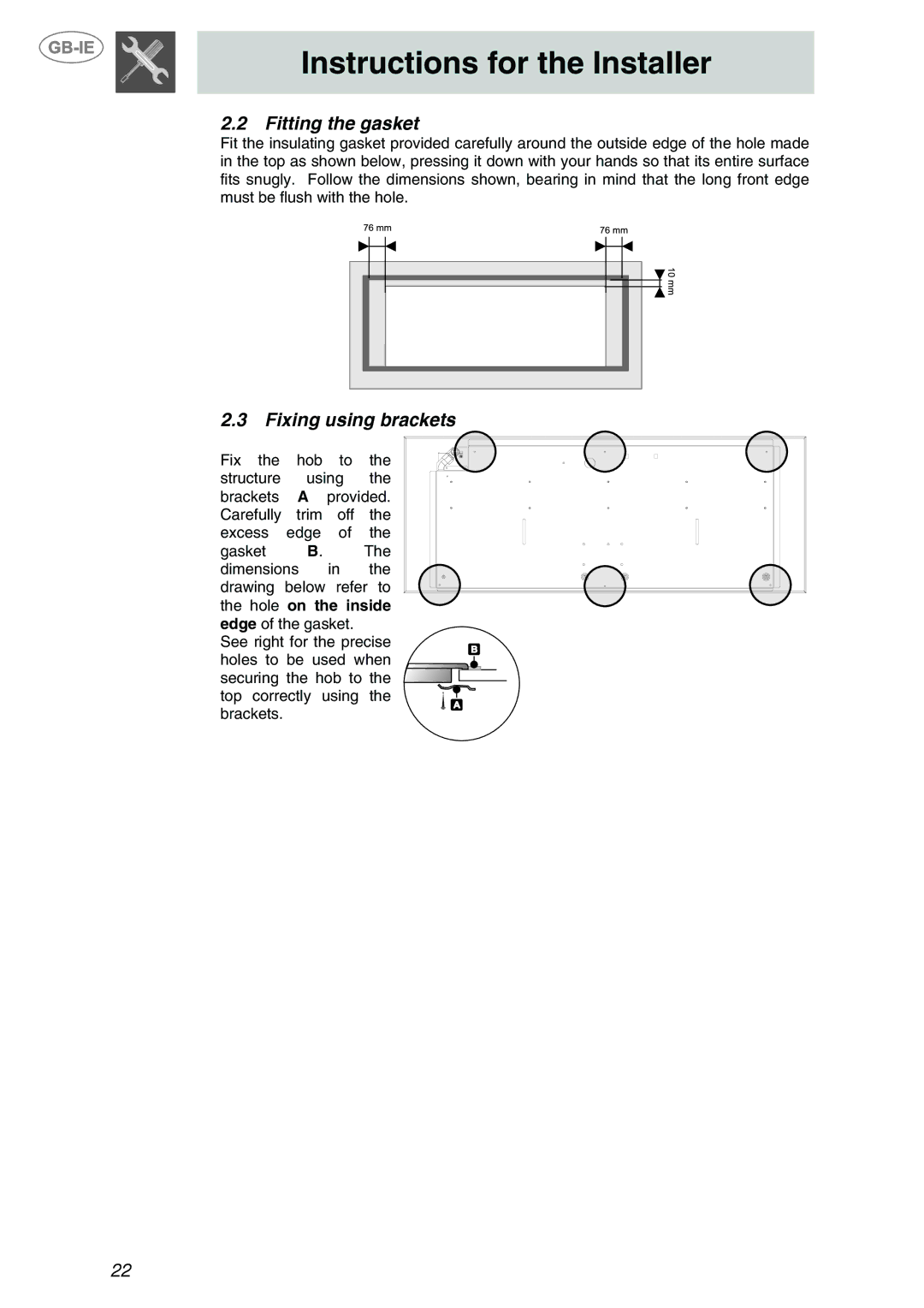 Smeg PX140NL, PX140BE, PX140D manual Fitting the gasket, Fixing using brackets 