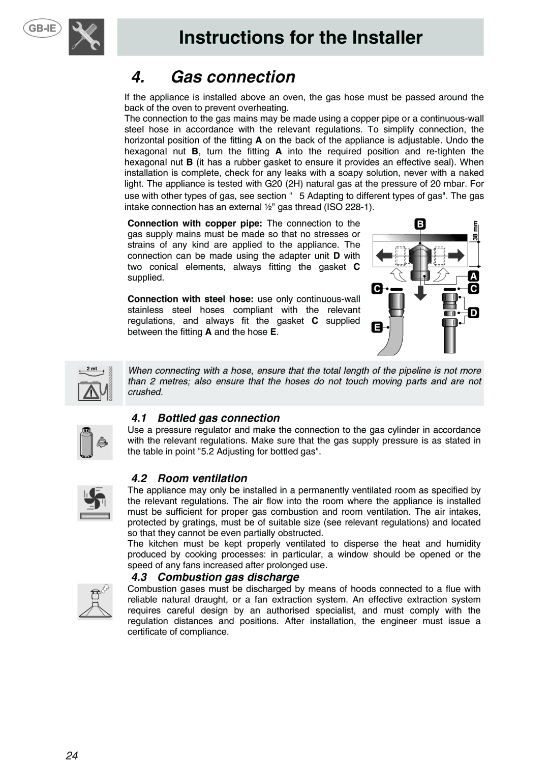 Smeg PX140D, PX140NL, PX140BE manual Gas connection, Bottled gas connection, Room ventilation, Combustion gas discharge 