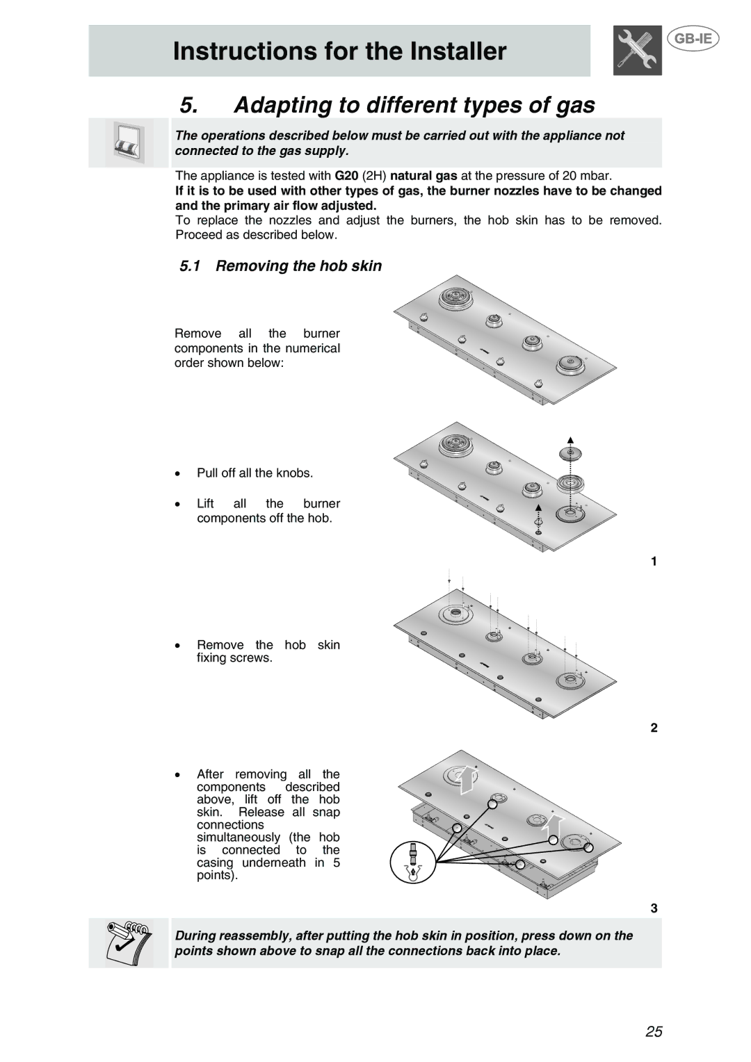 Smeg PX140NL, PX140BE, PX140D manual Adapting to different types of gas, Removing the hob skin 