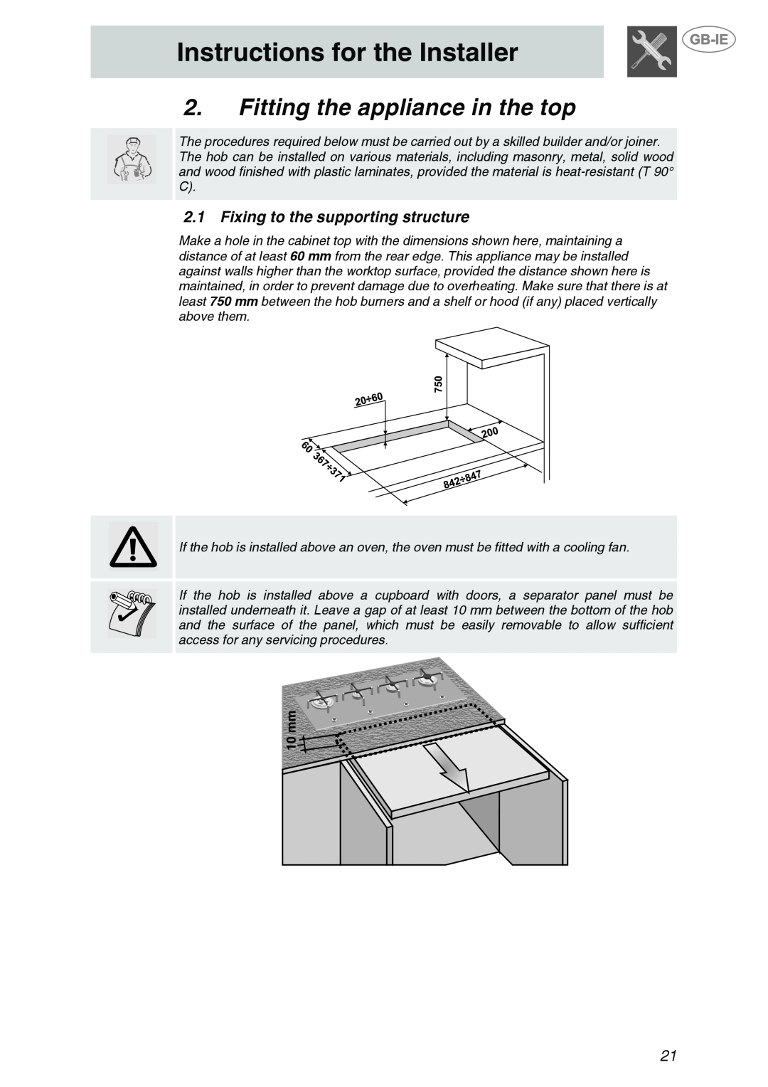Smeg PX140NL manual Instructions for the Installer, Fitting the appliance in the top, Fixing to the supporting structure 