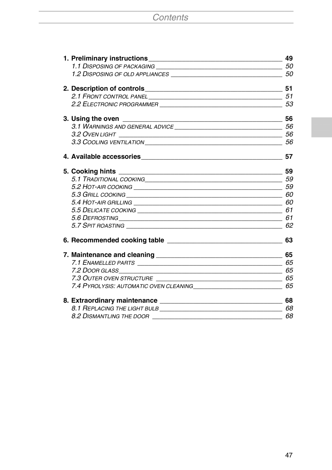 Smeg S1055MFB1, S1055MFX1, S1055MF1, S1055MFB5, S1055MF-5, S1055MFX5 manual Contents 