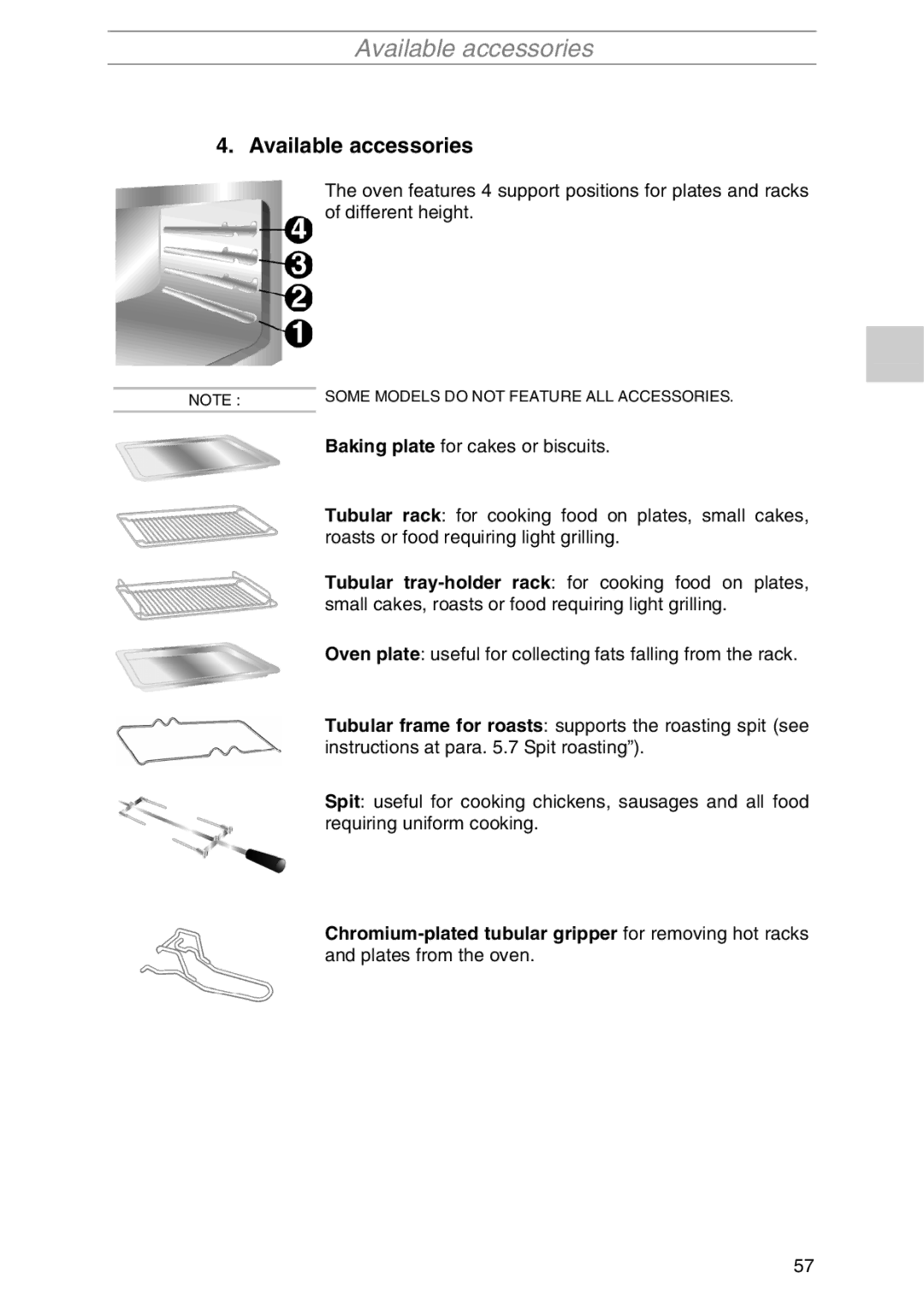 Smeg S1055MFX5, S1055MFX1, S1055MFB1, S1055MF1, S1055MFB5, S1055MF-5 manual Available accessories 