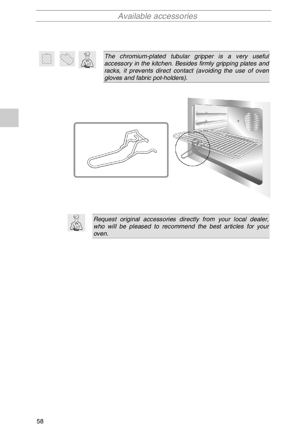 Smeg S1055MFX1, S1055MFB1, S1055MF1, S1055MFB5, S1055MF-5, S1055MFX5 manual Available accessories 