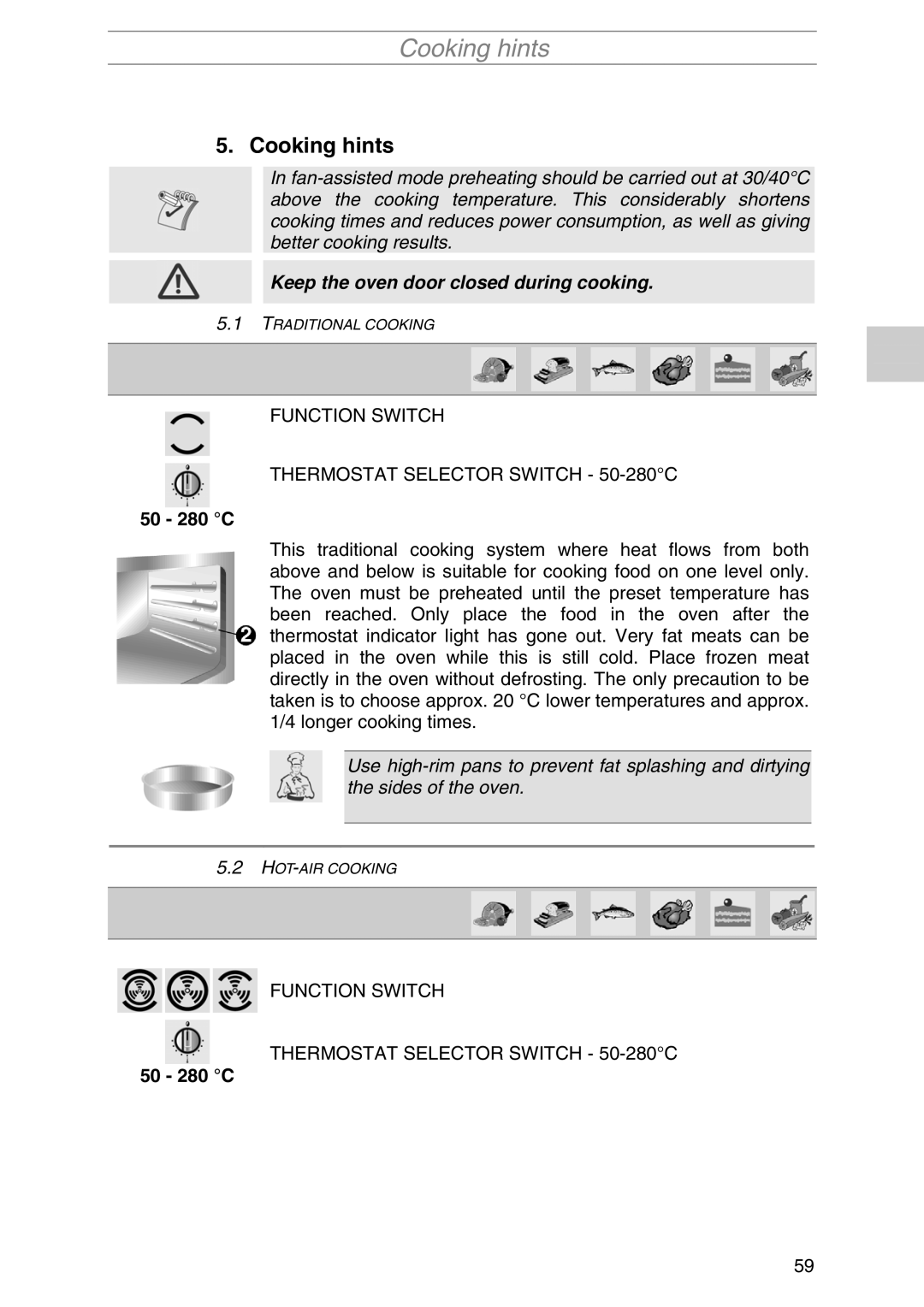 Smeg S1055MFB1, S1055MFX1, S1055MF1, S1055MFB5, S1055MF-5 Cooking hints, Function Switch Thermostat Selector Switch 50-280C 