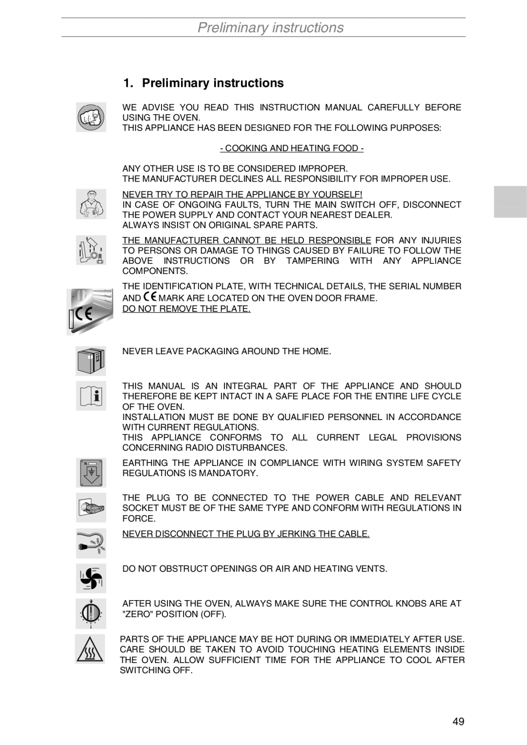 Smeg S1055MFB5, S1055MFX1, S1055MFB1, S1055MF1, S1055MF-5, S1055MFX5 manual Preliminary instructions 