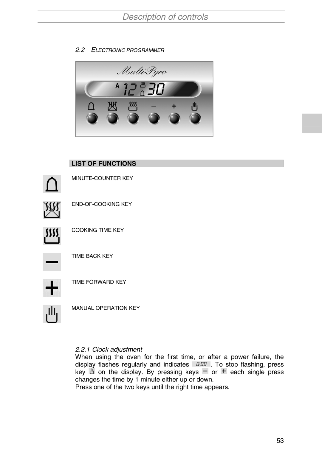 Smeg S1055MFB1, S1055MFX1, S1055MF1, S1055MFB5, S1055MF-5, S1055MFX5 manual List of Functions, Clock adjustment 