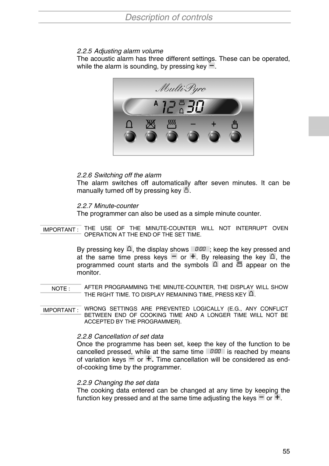 Smeg S1055MFB5, S1055MFX1 manual Adjusting alarm volume, Switching off the alarm, Minute-counter, Cancellation of set data 