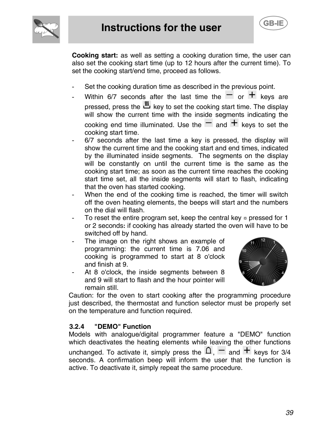 Smeg S108X-5 manual DEMO Function, Instructions for the user 