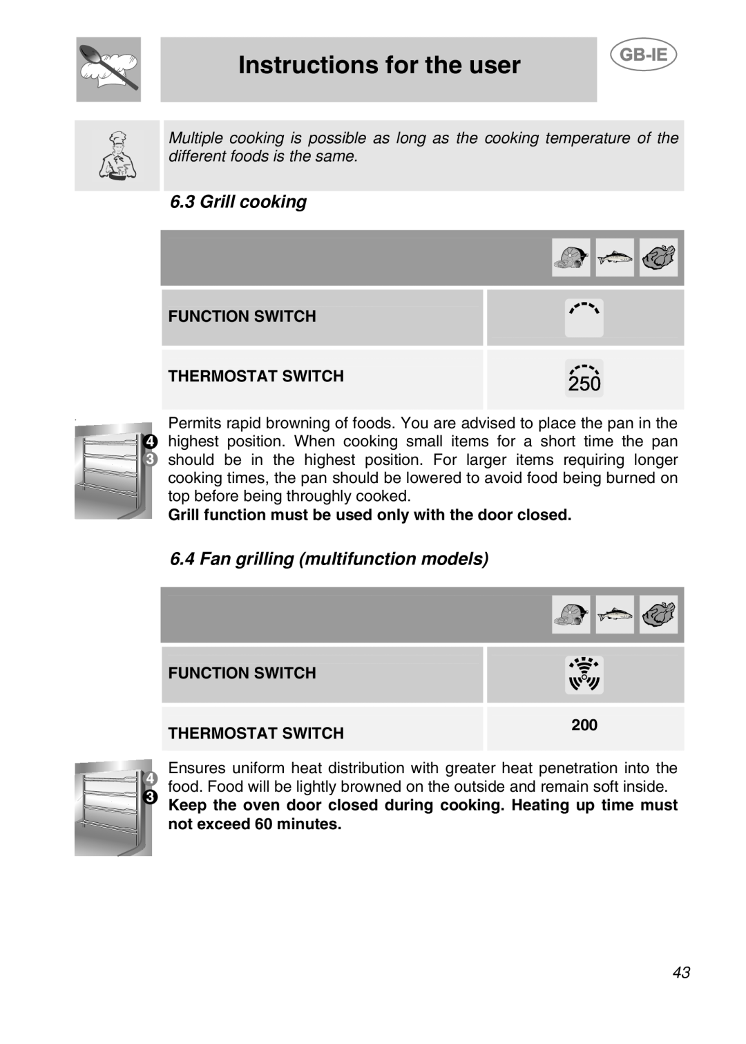 Smeg S108X-5 manual Grill cooking, Fan grilling multifunction models, Grill function must be used only with the door closed 