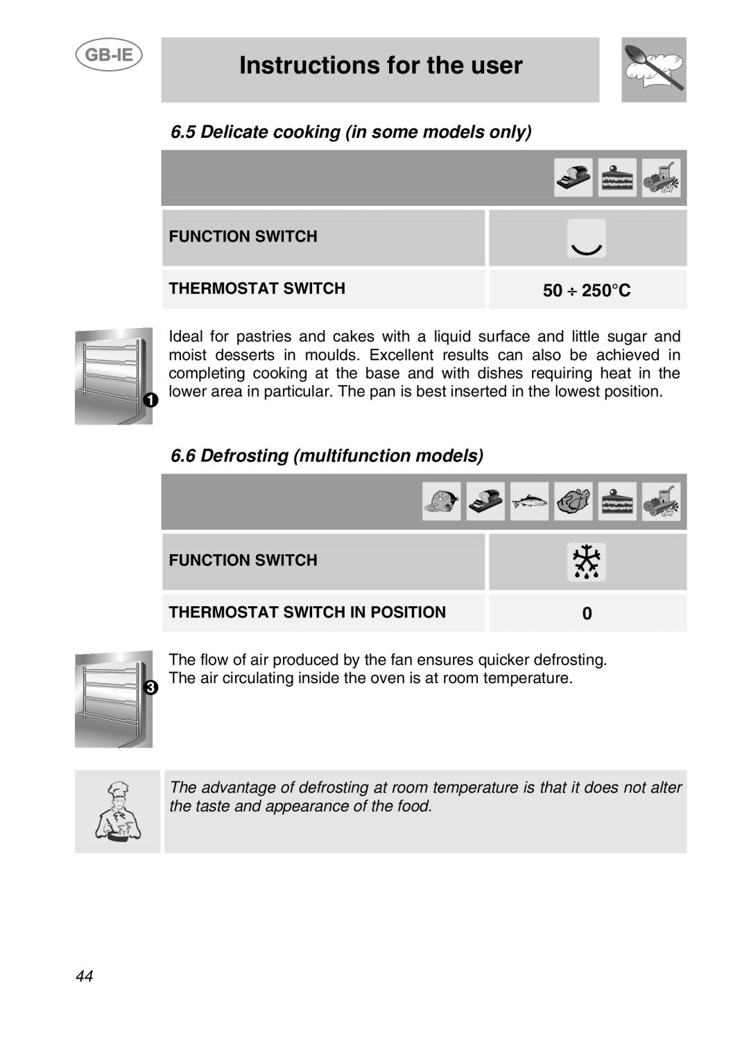 Smeg S108X-5 Delicate cooking in some models only, Defrosting multifunction models, Instructions for the user, 50 ⎟ 250C 