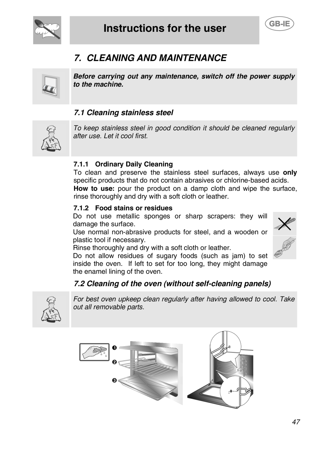 Smeg S108X-5 manual Cleaning And Maintenance, Cleaning stainless steel, Cleaning of the oven without self-cleaning panels 