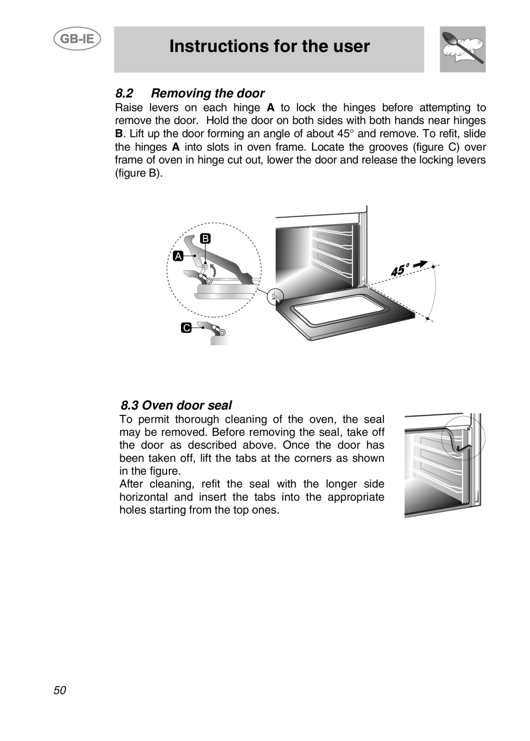 Smeg S108X-5 manual Removing the door, Oven door seal, Instructions for the user 