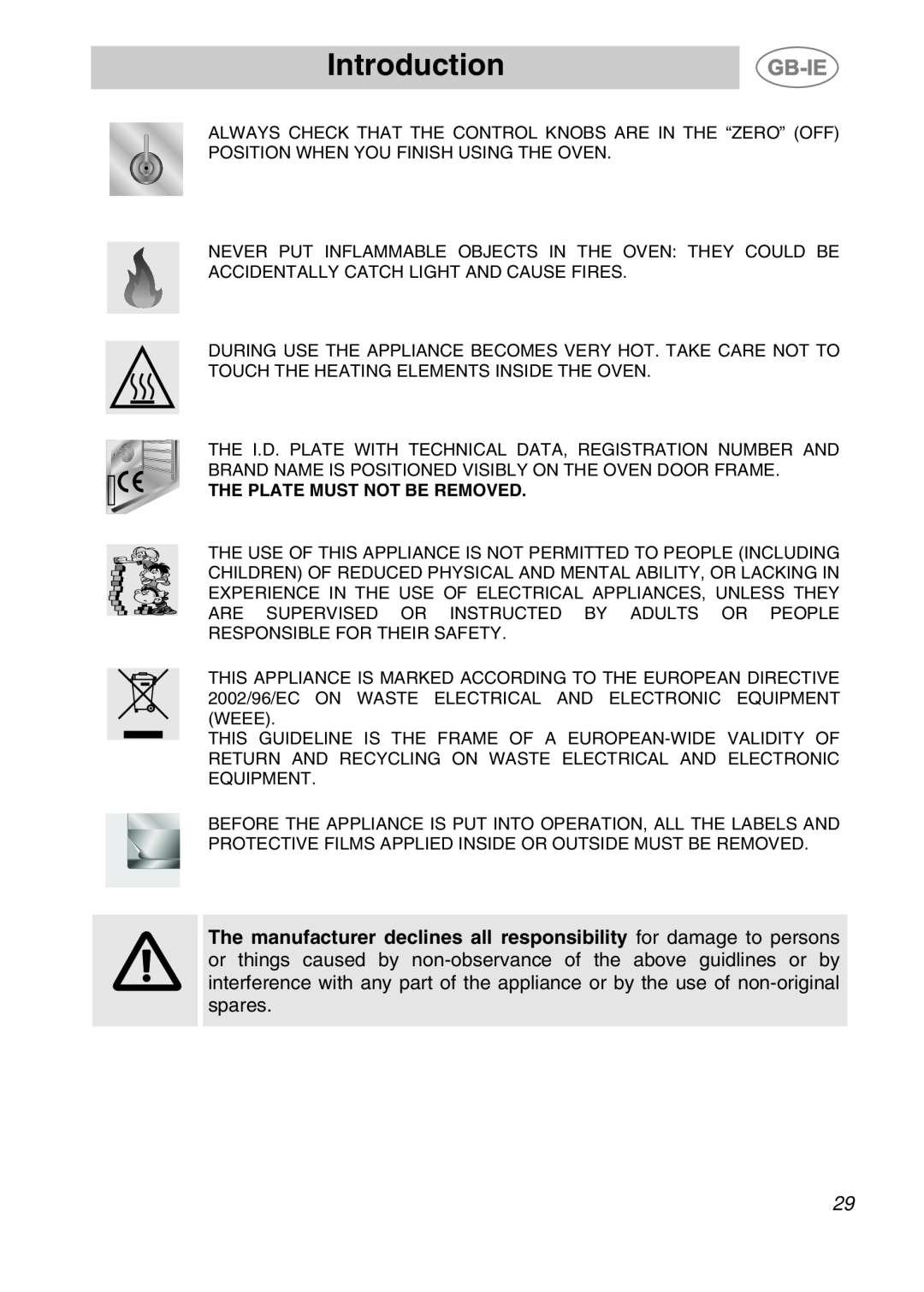 Smeg S108X-5 manual Introduction, The Plate Must Not Be Removed 